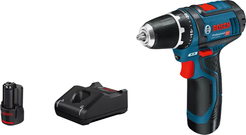 Bosch GSR 12V-15 akku-boremaskine med batteri og oplader.